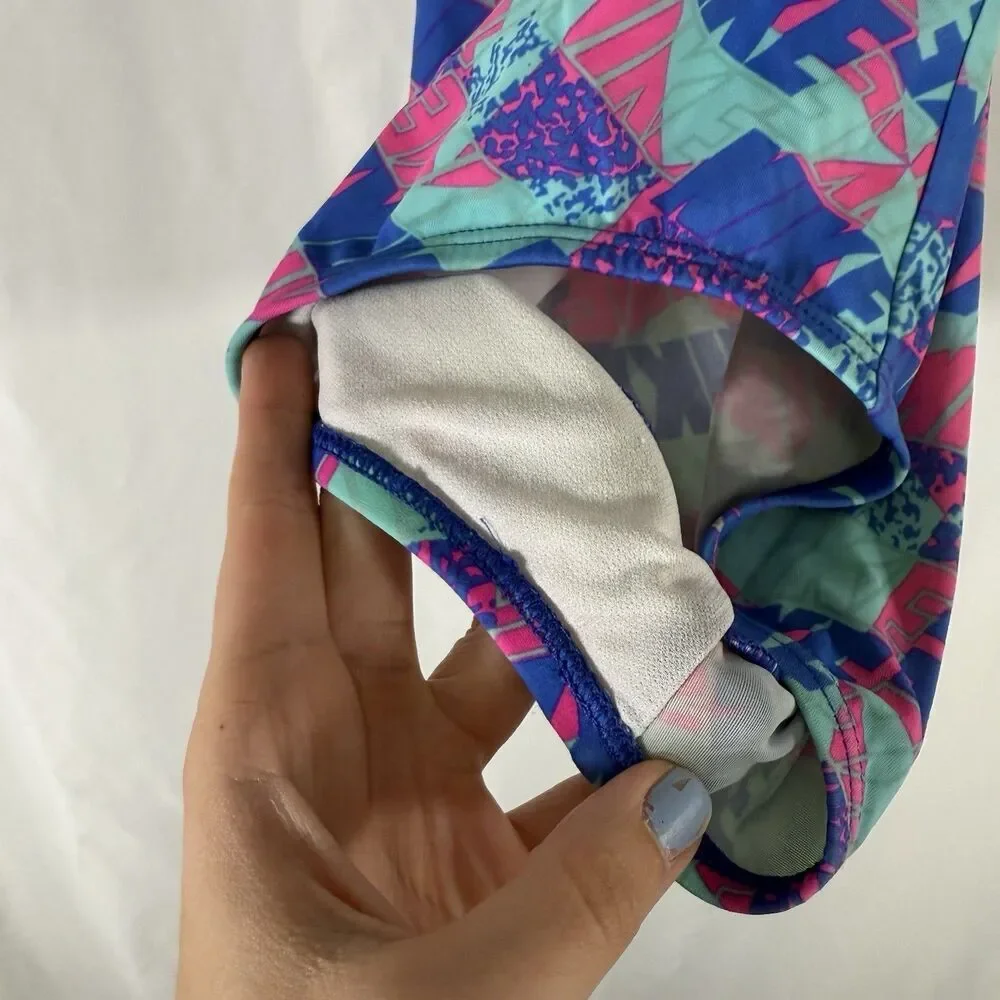 Nike Swimsuit One Piece Girls Medium 12 Pink Blue Strappy Sleeveless Pullover